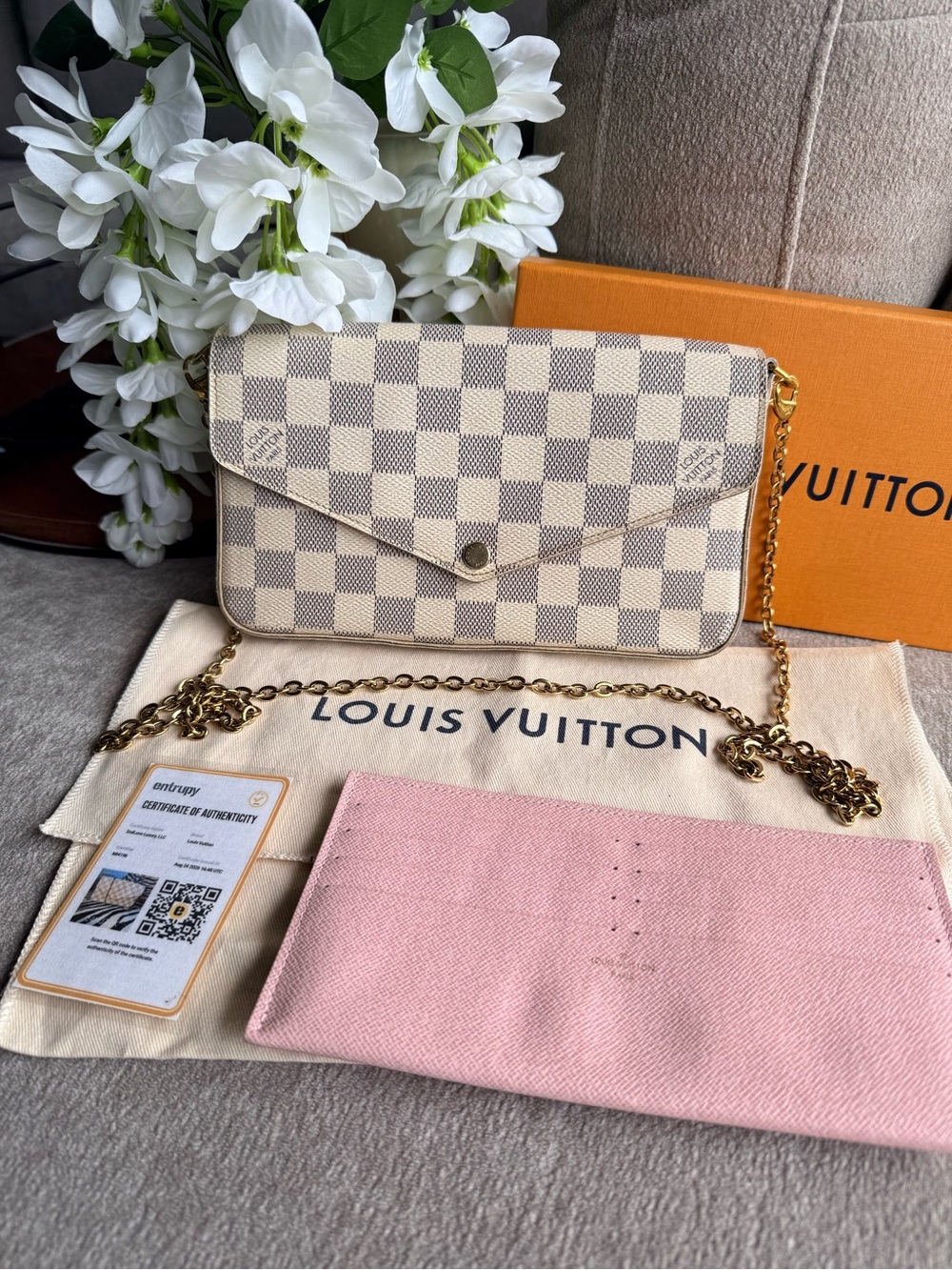 Louis Vuitton Damier Azur Felicie Pochette Clutch Crossbody with Pink Insert